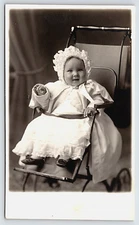 Antique Vintage Real Photo Postcard Picture Pretty Baby Girl Dress Hat Stroller