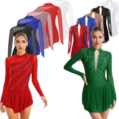 Women's Figure Skating Dress Shiny Rhinestones Lyrical Dance Performance Costume