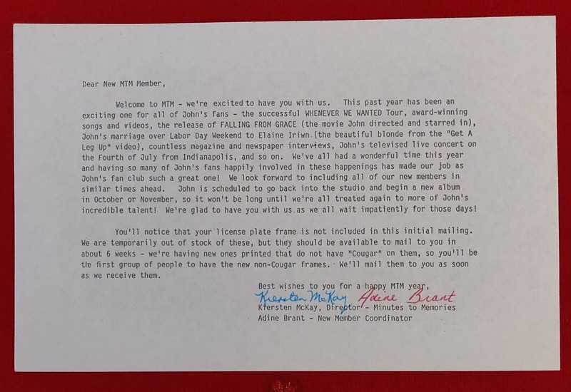 1992 John Mellencamp "Minutes To Memories" Original Fan Club Welcome Letter