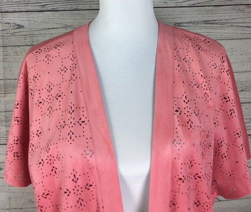 Ruby Rd. Women Pink Open Faux Suede Fringe Eyelet Stretch Jacket Cardigan Size M - Picture 2 of 9