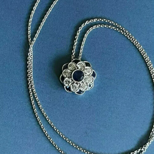2Ct Round Cut Blue Diamond Women's Cluster Pendant Necklaces 14k White Gold Over - Picture 4 of 5