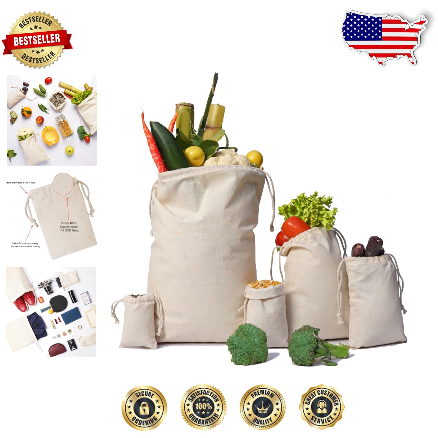 Elegant 4x6 Reusable Organic Cotton Muslin Bags Pack of 100 for Gifts Storage Crafts