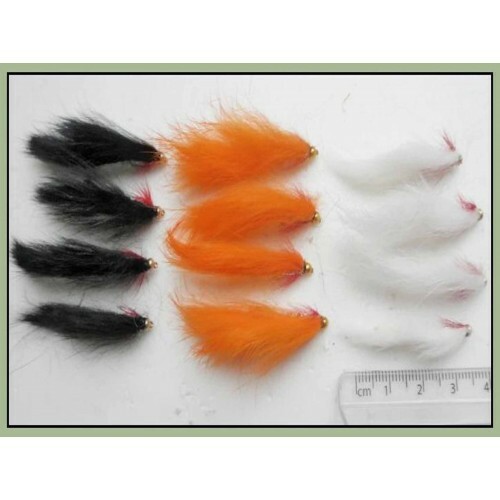 Zonker Trout Flies, 12 Mini Zonkers, Black, White & Orange, Size 12