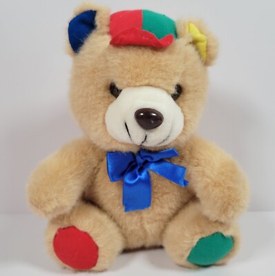 German Heunec Green Blue Red Yellow Teddy Bear 10'' Plush Hat Ribbon Vintage