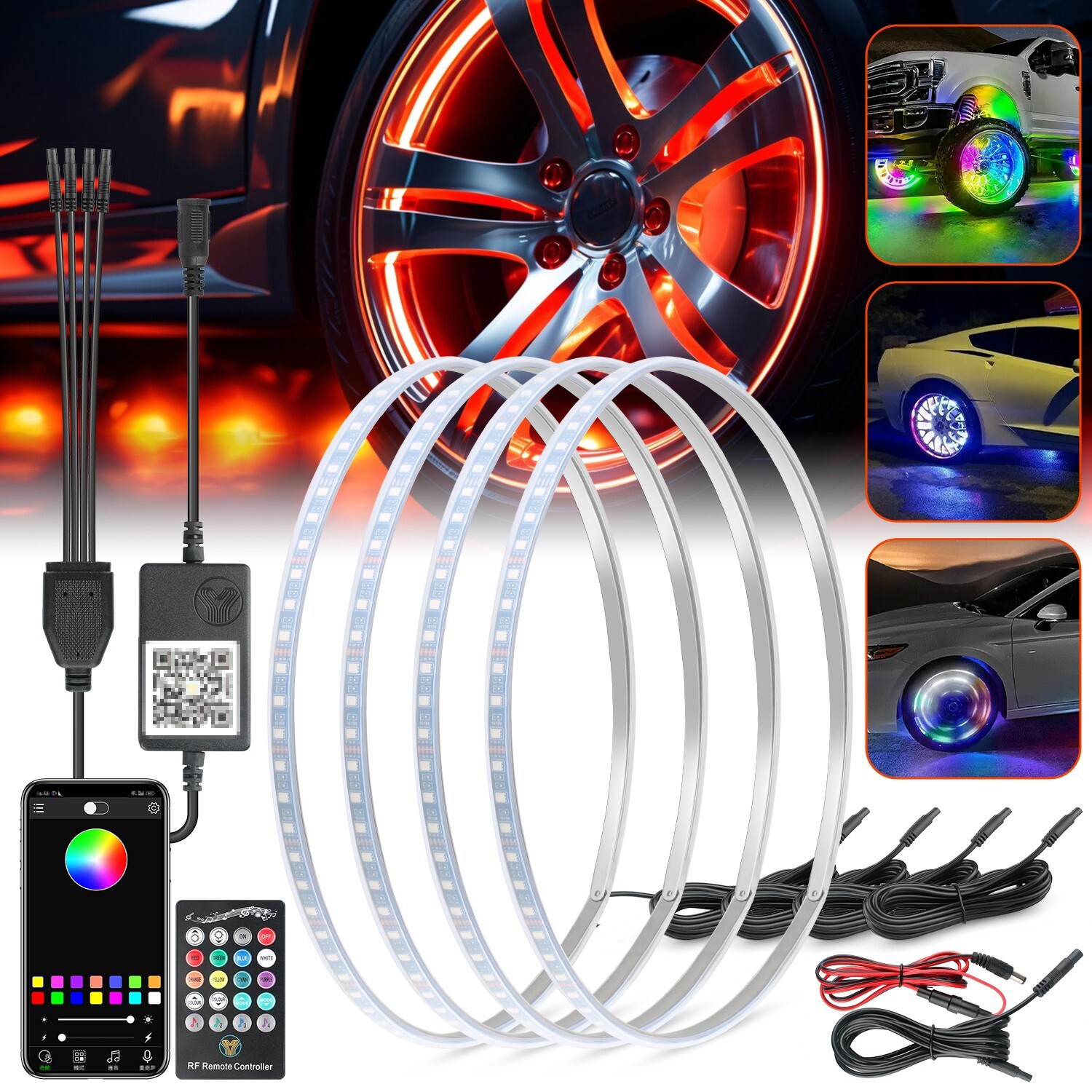 15'' RGB Wheel LED Light For Truck Ring Rim Lights Brake & Turn Signal Bluetooth
