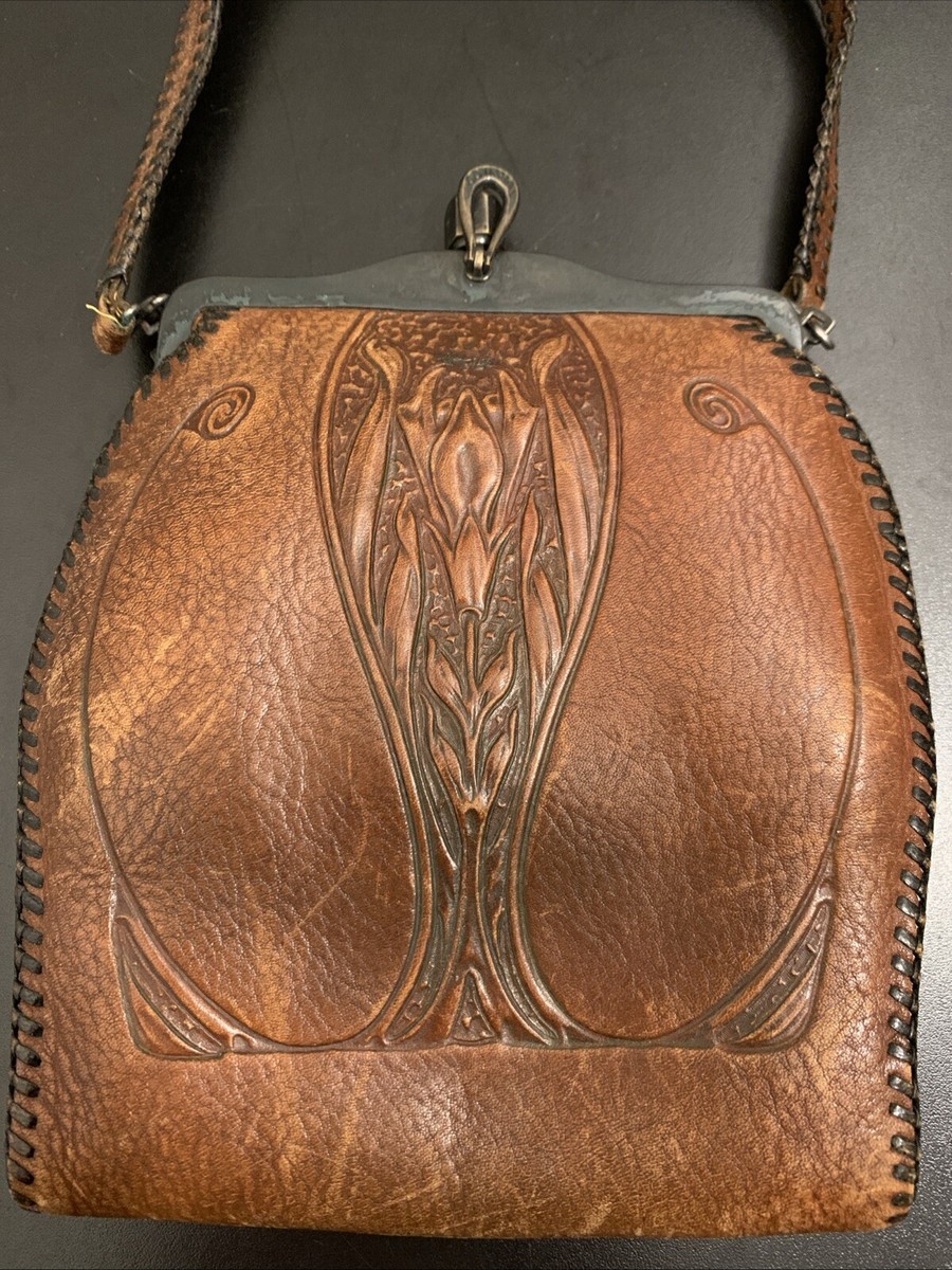 Antique 1900 Art Hand Tooled TurnLoc Leather Handbag Purse | eBay