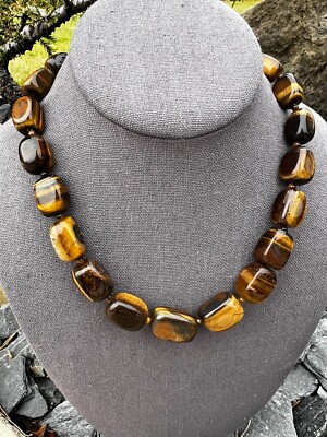 Vtg Tigers Eye Sterling Necklace 18'' SX925 Silver HUGE Nugget Bead Toggle Clasp