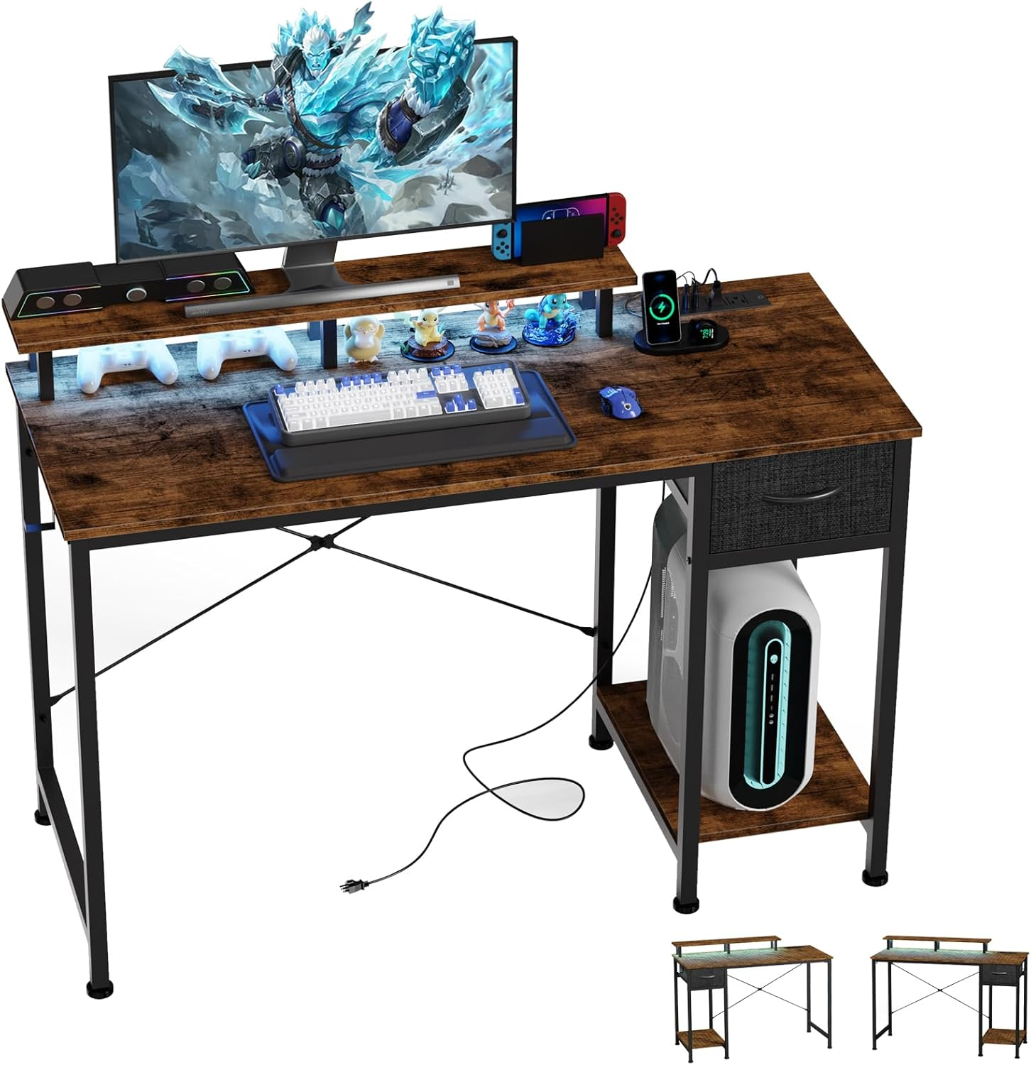 48 in Gaming Desk with LED Lights & Power Outlet,Pc Desk for Storage Drawer and