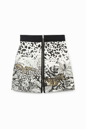DESIGUAL Jungle Animal Print Mini Zip Bodycon Skirt White Black S Small 8 10