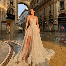 Spaghetti Strap Champagne Glitter Tulle Wedding Dresses High Slit Corset Gowns