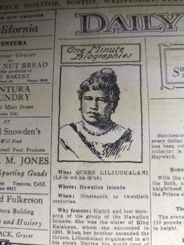 JULY 24, 1929 NEWSPAPER PAGE #2504- QUEEN LILIUOKALANI OF HAWAII- ONE MINUTE BIO