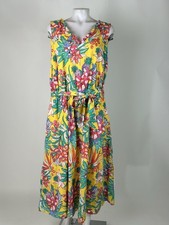 Talbots Size 14w Yellow Cotton Sleeveless Tropical Parrots Midi Dress Pockets
