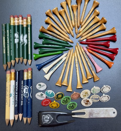 68pc Vintage Golf Memorabilia Lot Tees Pencils Ball Markers Divot Tools Clubs