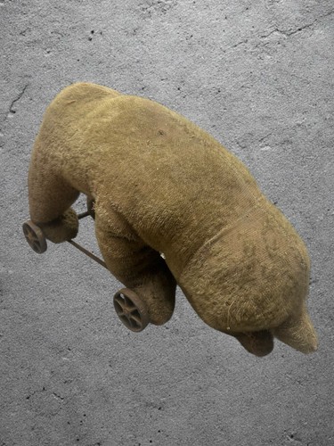 Antique Early 1900s - Teddy Bear on Wheels Brown Mohair Stuffed Ride, Pull Toy