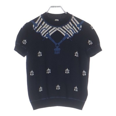 Hermes 24aw Horse Tack Embroidery Jacquard Short Sleeve Knit Sweater Navy Used 0