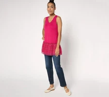 LOGO by Lori Goldstein V-Neck Tank Top with Lace Hem Sangria M New