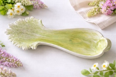 Vintage Celery Relish Dish Green Marbled Glaze Mid Century Ceramic Leaf Design