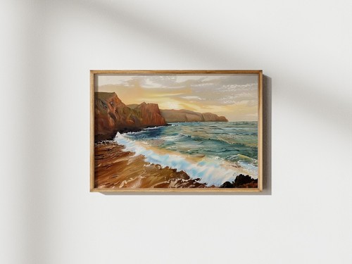 Sunset Ocean Cliffs 5"x7" Print on Matte Paper | Serene Seascape Oil Painting - Picture 4 of 17