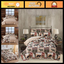 Reversible Rustic King Quilt Set - Moose Bear Lodge Bedding, Plaid Cabin Coverle