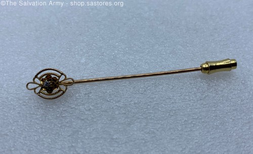 Signed 10k Yellow Gold Filagree Diamond Stick Pin - 1.8g