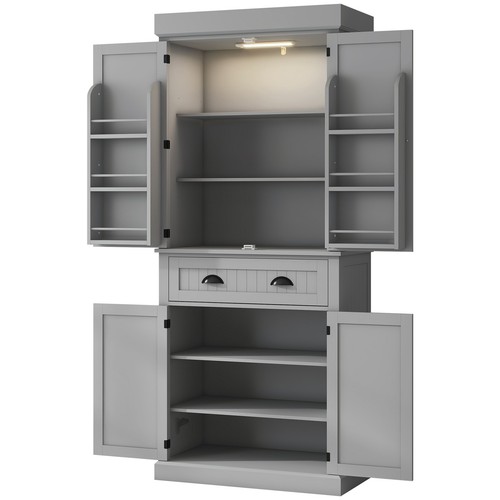 HOMCOM 71" Kitchen Pantry Cabinet with Large Storage and LED Lights, Gray - Picture 4 of 11