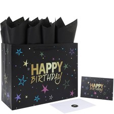 Birthday Gift Bag Set 13" Large Stars with Handles Greeting Card