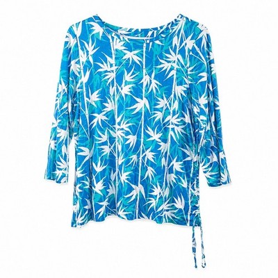 Ruby Rd Top Womens PL Blue Bamboo Print Side Ruched Tie Tropical Coastal 79353