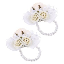 2 Pcs Wedding Corsage Wristlet With Artificial Flowers And Pearl For Bridesmaids