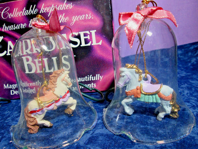 Box Of 4 Vnt Crystal Bells w/Hand Painted Porcelain Carrousel Horse Ornaments
