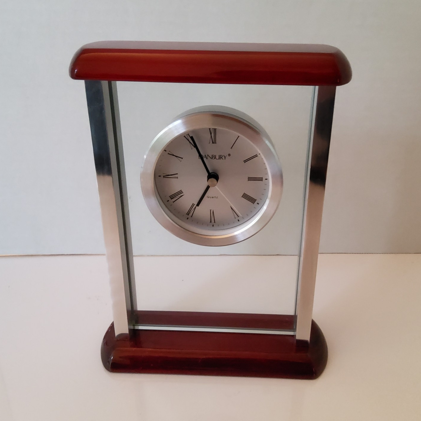 Danbury Analog Desk Clock Roman Numerals Wood Glass Metal Re