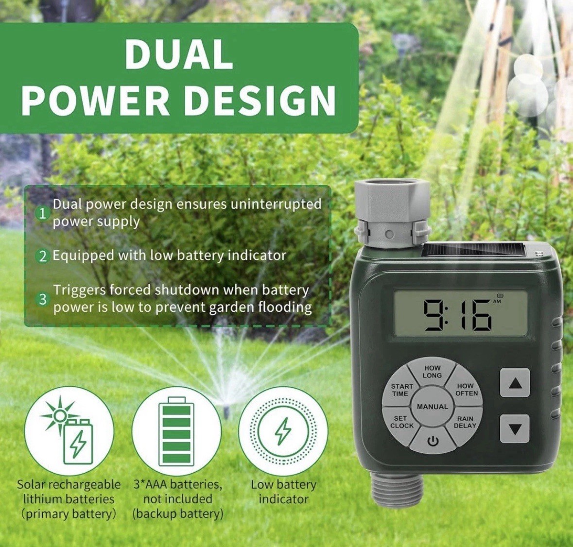 Sprinkler Timer Programmable Irrigation Water Timer for Garden Hose Solar