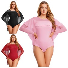 Womens Bodysuit Tango Dancewear Long Sleeve Costume Latin Dance National Mesh