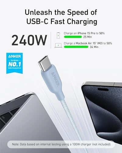  Cable USB C, 240W Bio-Trenzado Tipo C Cable de Carga Rápida para 10 pies 1 Azul Foto 2 de 4
