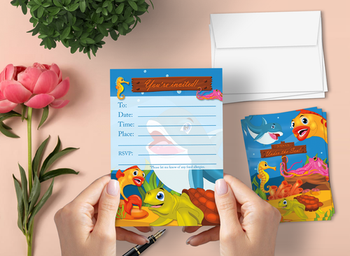 Under the Sea Party Invitation Cards for Kids, 20 Invites & 20 Envelopes - Picture 2 of 4