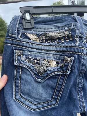 Womens Miss Me Denim Jeans Boot JE688B2R size 27 Bling And Sequin