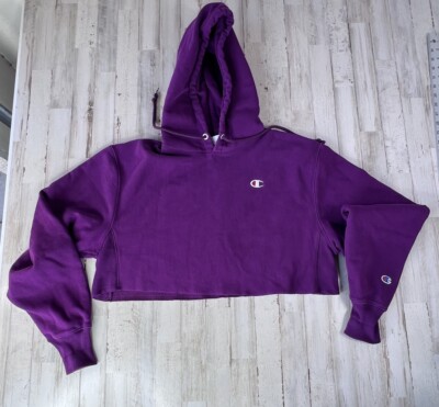 Champion Hoodie Womens Medium Purple Cropped Reverse Weave Drawstring  Sweatshirt