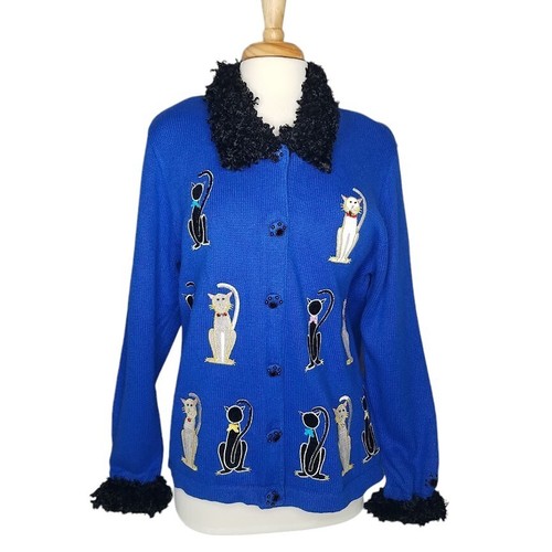 VTG Berek Blue Cardigan Sweater Size L Cat Appliques Black Chenille Collar/Wrist - Picture 12 of 12