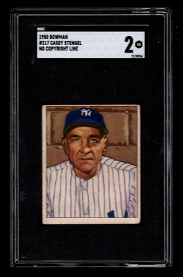 ORIGINAL CASEY STENGEL 1950 BOWMAN BASEBALL CARD #217 SGC 2 GOOD NY YANKEES
