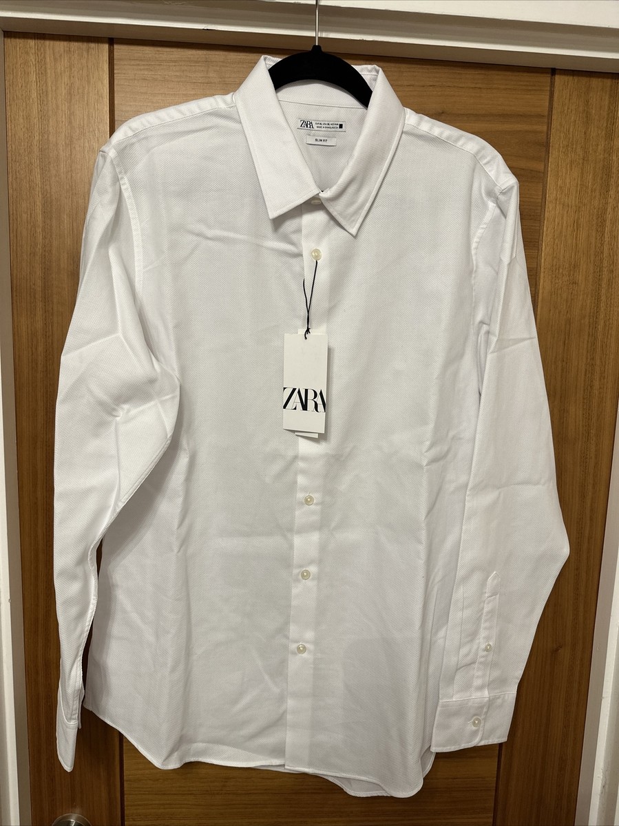 Zara Man White Slim Fit Cotton Shirt Size XL Textured Waffle BNWT