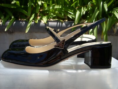 【関税込み】prada 'Torchon' slingback Prada Metallic Effect Patent Leather Slingback Pumps Heel 8