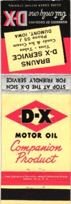 D-X Motor Oil Companion Product Brauns D-X Service Vintage Matchbook Cover