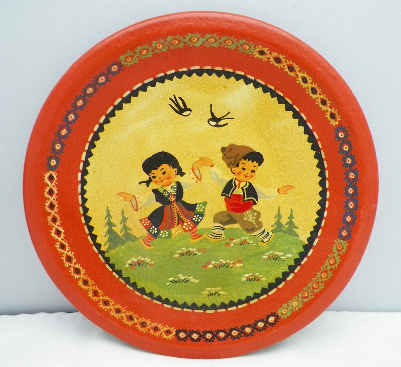 Vtg Hungarian Folk Art Tearra Cotta Pottery Clay Hand Painted Wall Plate Boy Gir