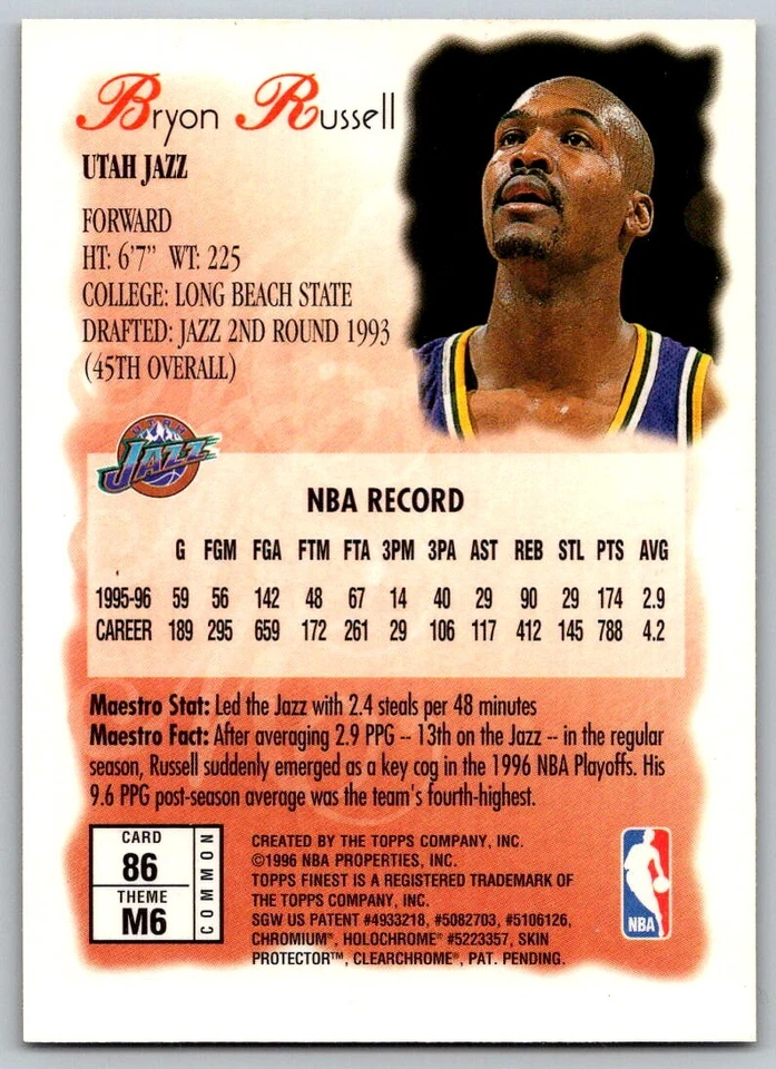 1996-97 TOPPS MAESTROS FINEST BRYON RUSSELL UTAH JAZZ #86 - Image 2 of 2