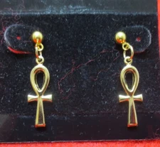 14KT GOLD PLATED EGYPTIAN ANKH CROSS DIAMOND CUT PIERCED DANGLE EARRINGS-ER1508