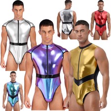 Men  s Novelty Bodysuits Shiny Metallic One Piece Tights Leotard Dance Singlet