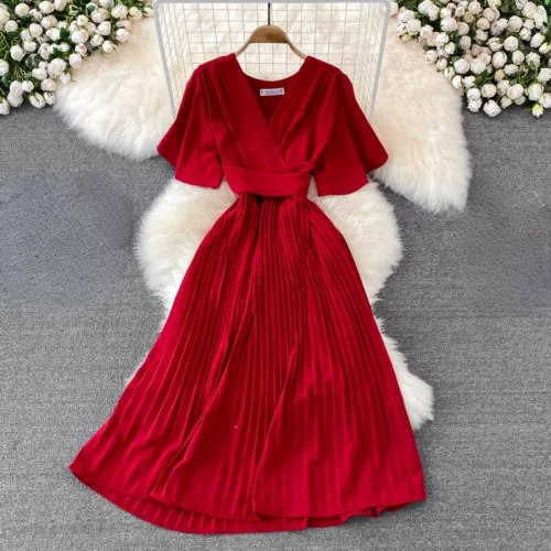 Damen Midikleid A-Linie Swing kurz Schlagärmel V-Ausschnitt Plissee elegant Sommer - Bild 5 von 35