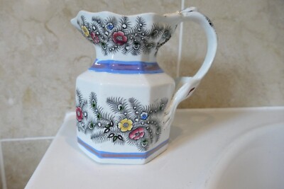 ANTIKER IRIONSTEIN PORZELLAN 15,8 CM ACHTECK GLANZ BAND KRUG MIT BLUME & FERN DESIGN
