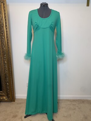 vintage 1960s 70s maxi dress emerald green long sleeve feather cuffs | eBay