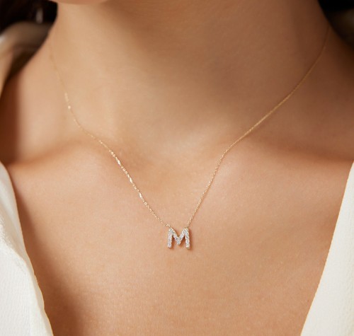 DIAMOND INITIAL NECKLACE,14K SOLID 