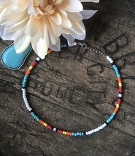 16" Tequila Sunrise Serape Seed Bead Necklace Red Orange Turquoise Western BOHO